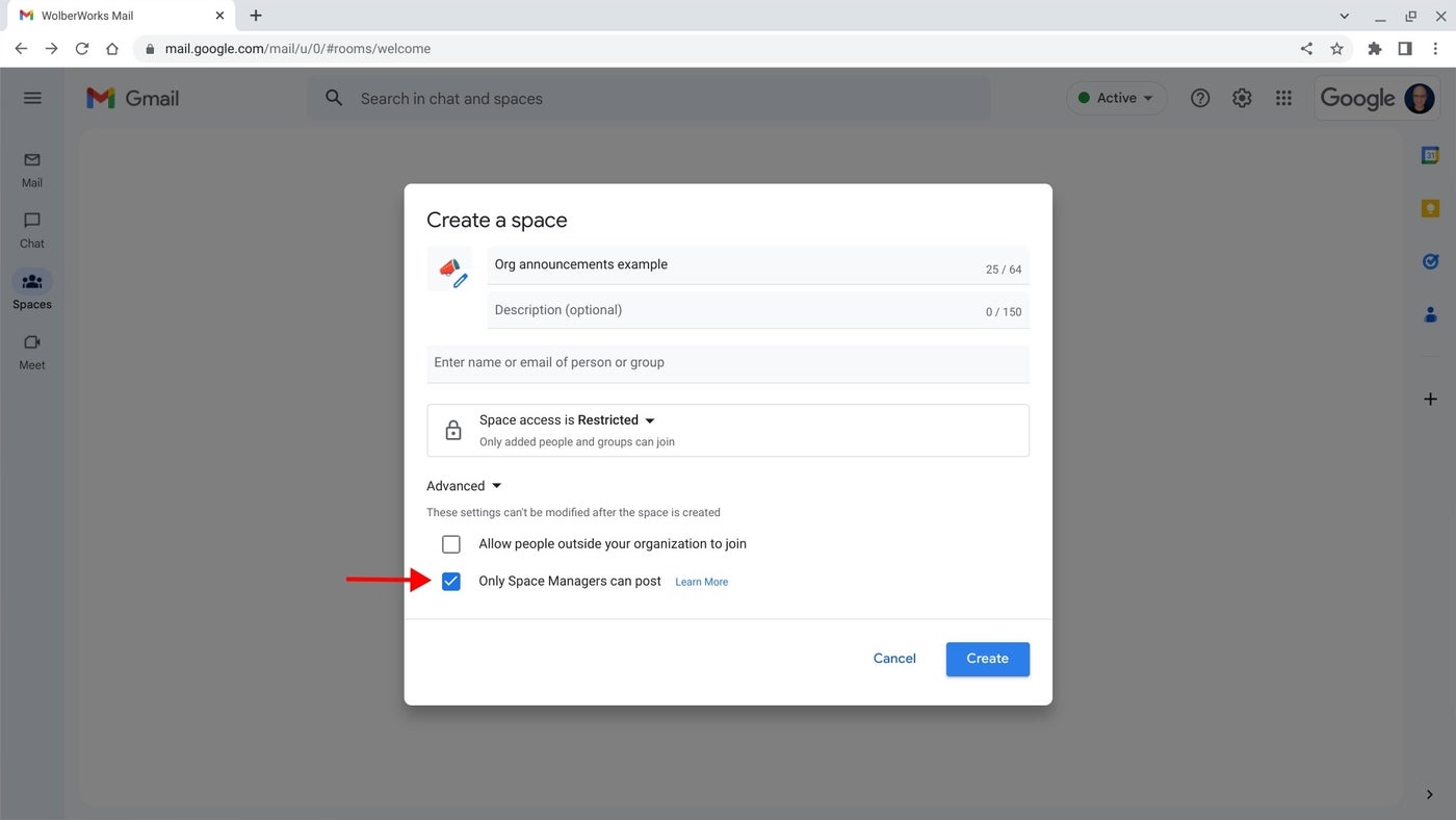 Google Space manager-only announcements