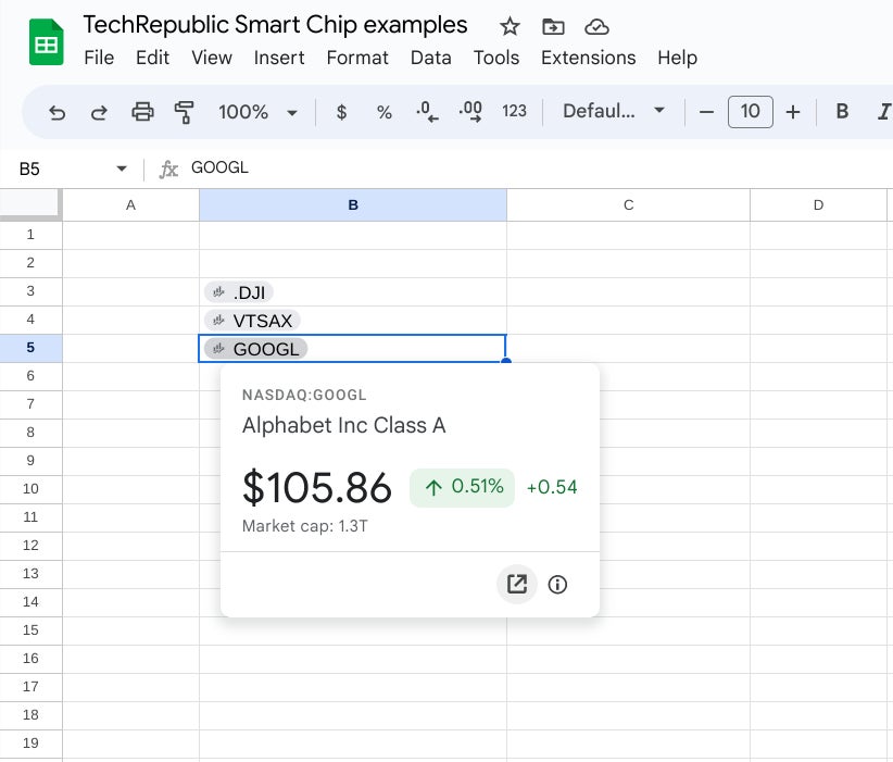 Selecting a finance chip in Google Sheets to view more data