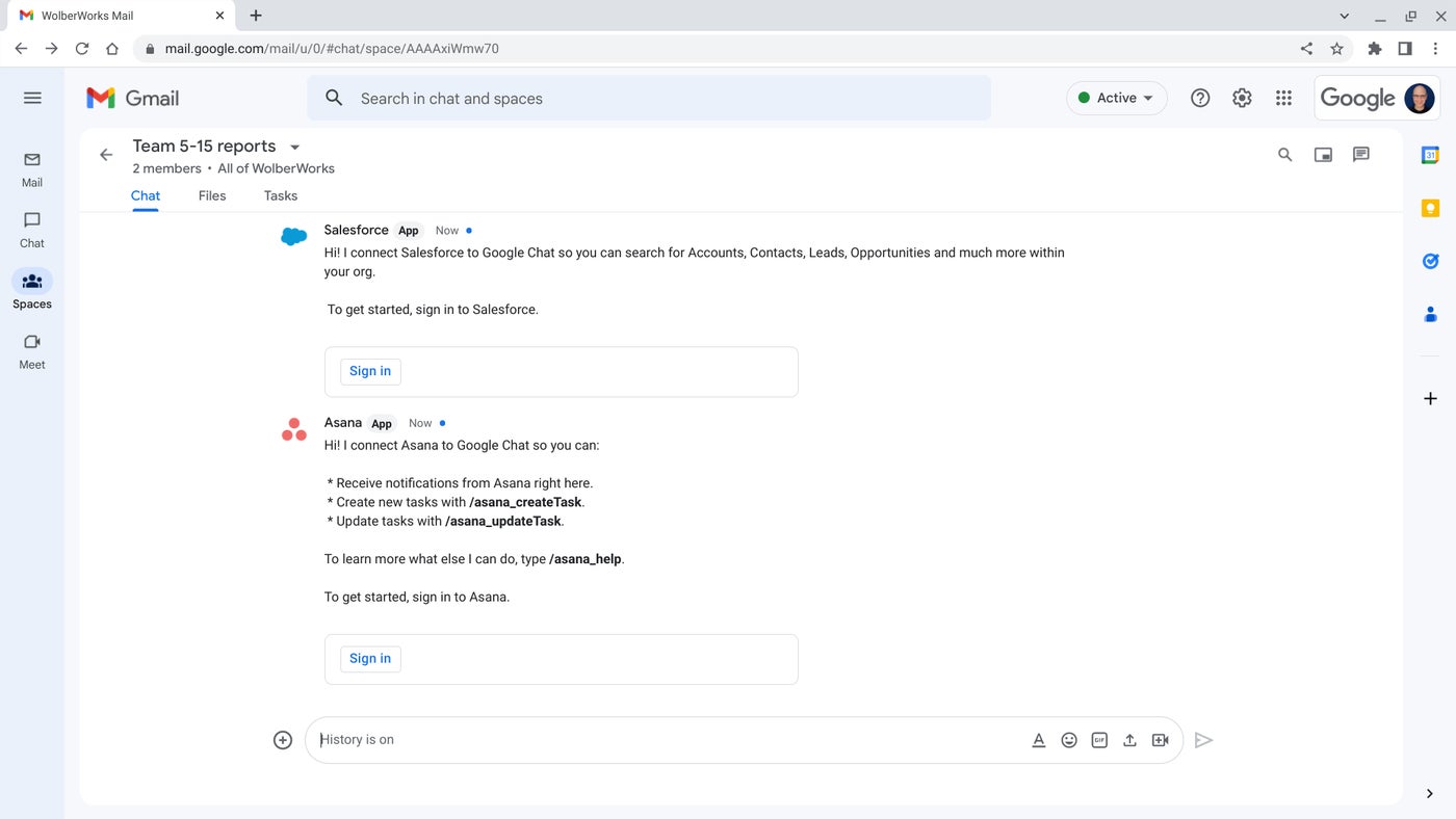 Connect third-party apps such as Salesforce or Asana to support centralized discussions about work across various cloud systems in Google Spaces.