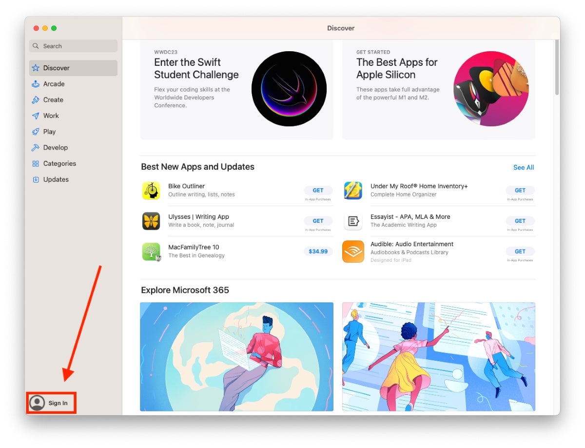 Arrow pointing to the CTA Sign In in the bottom left of the App Store where the Apple ID should be