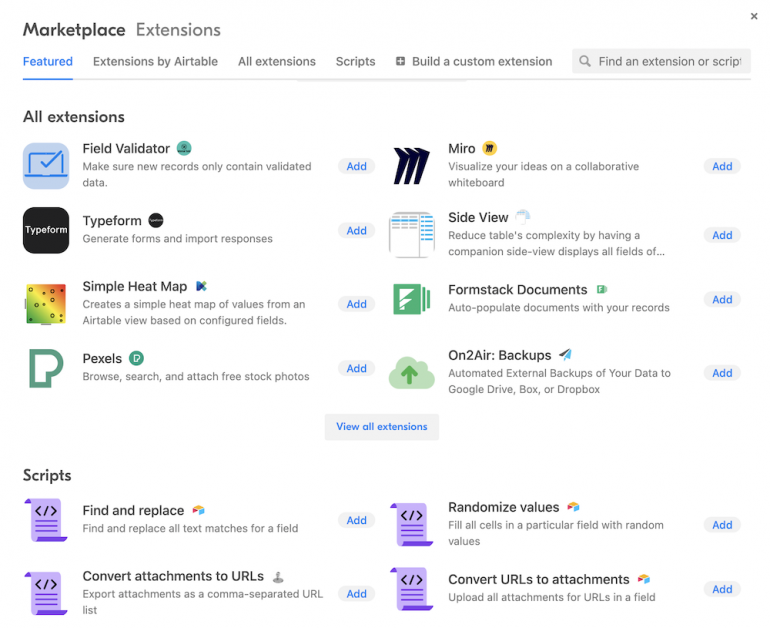 Airtable Marketplace featuring its available Extensions