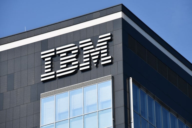 This picture shows a corner perspective of a building at IBM with the IBM logo.