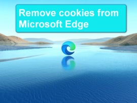 This illustration displays the title Remove cookies from Microsoft Edge floating over a beautiful cove of blue water.