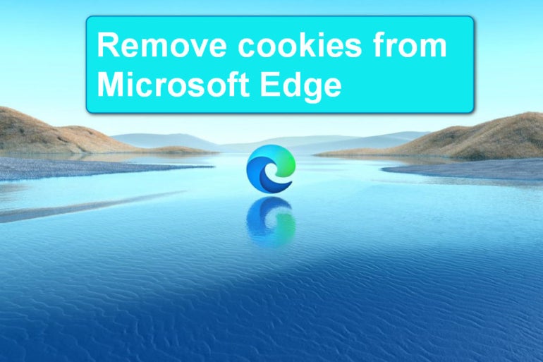 This illustration displays the words Remove cookies from Microsoft Edge floating over a beautiful cove of blue water.