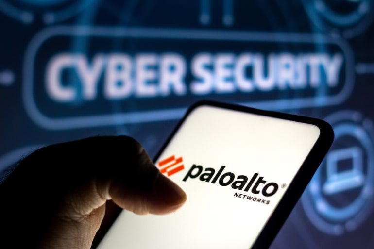 A phone with the Palo Alto Networks logo above a screen that says cyber security.