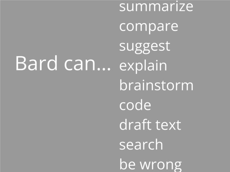 Un mensaje que dice, "Bardo puede..." con una lista de acciones que Google Bard puede tomar.