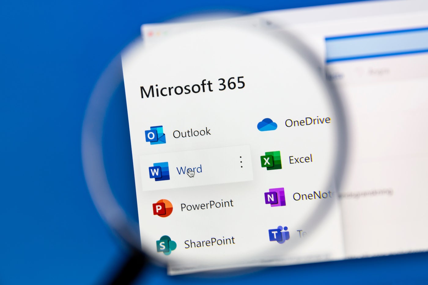 Microsoft 365 running on Windows with a magnifying glass looking closer.