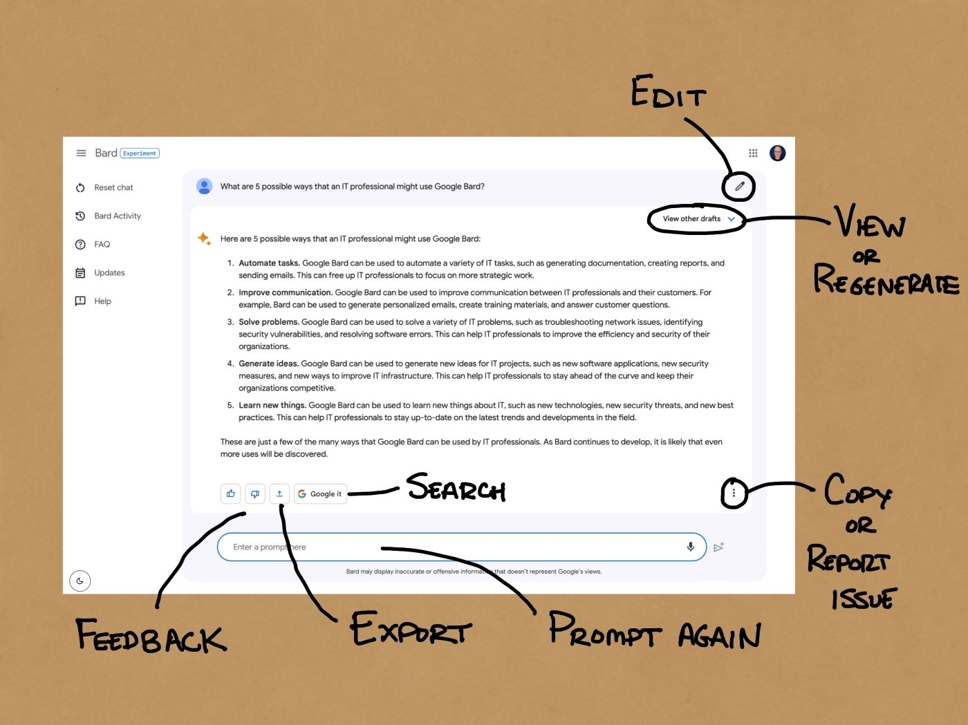 Google Bard response with annotations pointing out that users can edit, view or regenerate, search, provide feedback, report, export, or copy the response