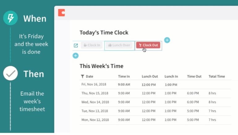 A screenshot displaying Coda.io's automation functionalities; in this sintance a weekly time check to track work hours