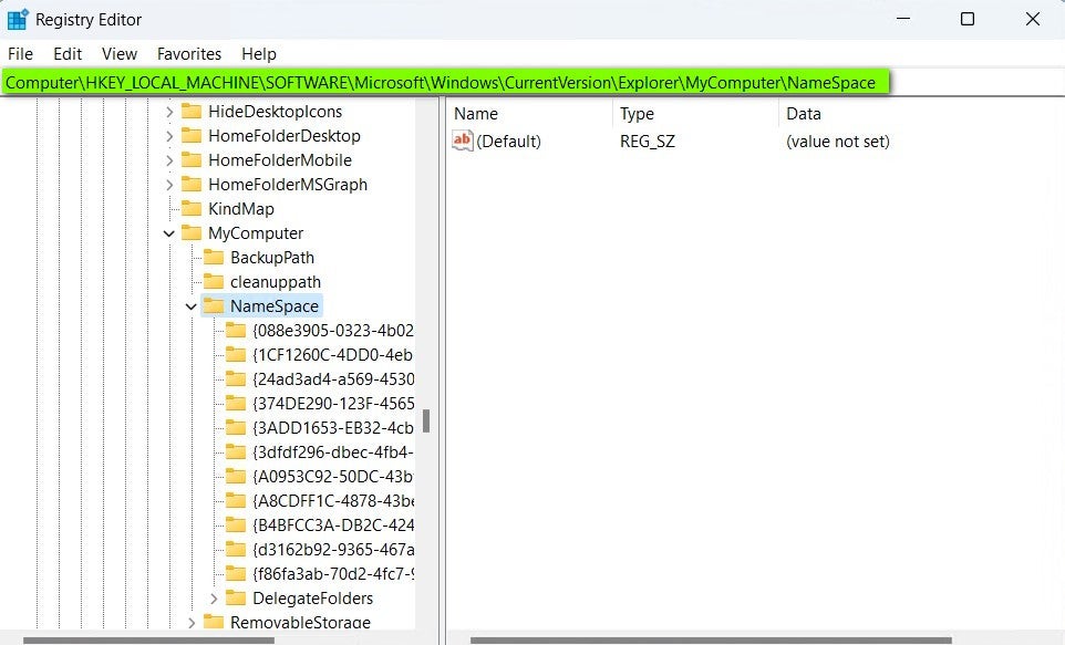 NameSpace folder selected in the Regedit app in Windows 11 File Explorer