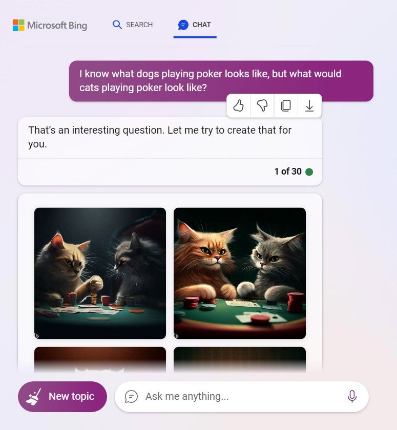 Images of cats playing poker generated by Bing Chat.
