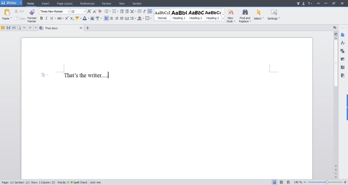 WPS Office Writer interface with the text That's the writer.... typed out