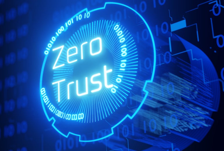 This illustration shows a hologram with writing that says Zero Trust.
