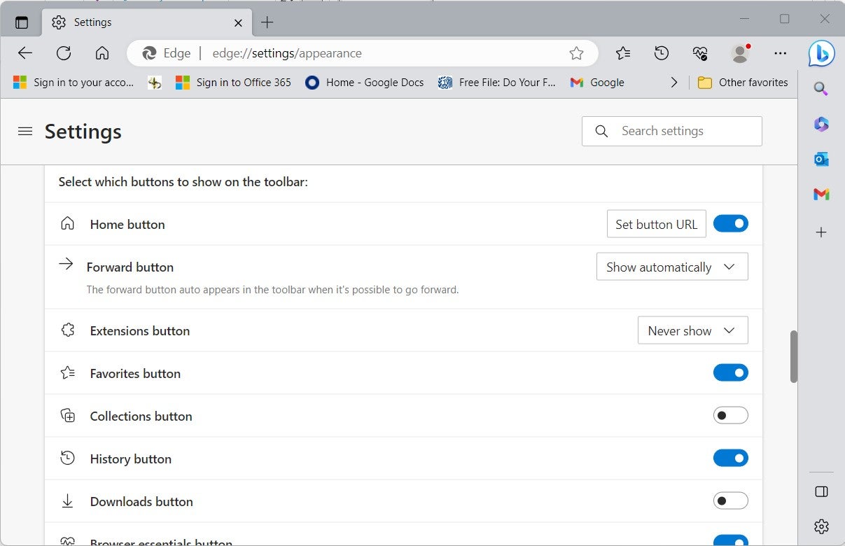 Microsoft Edge browser customization settings dashboard.