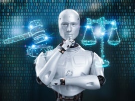 Ai robot with a law scale and gavel judge beside him.