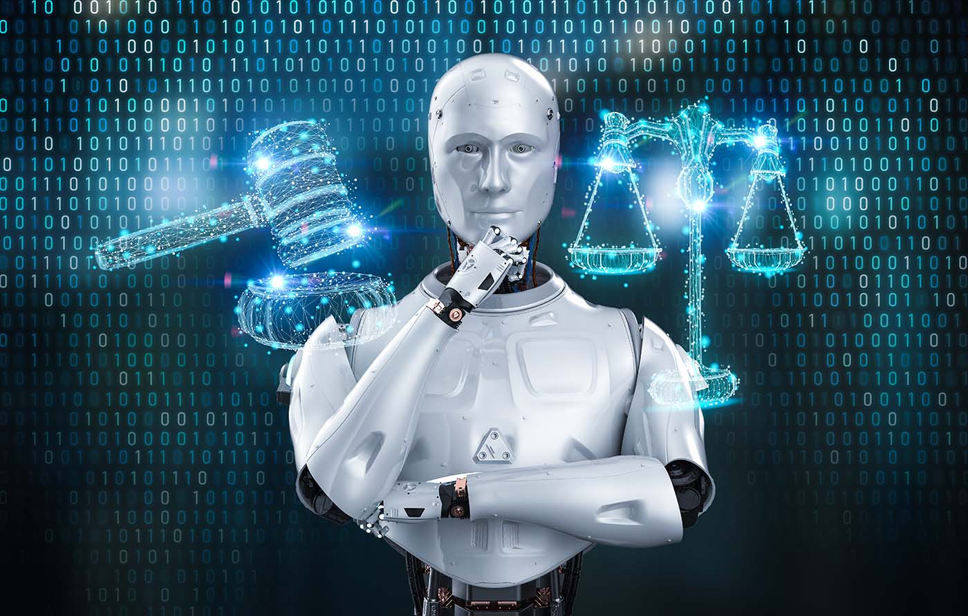 Ai robot with a law scale and gavel judge beside him.