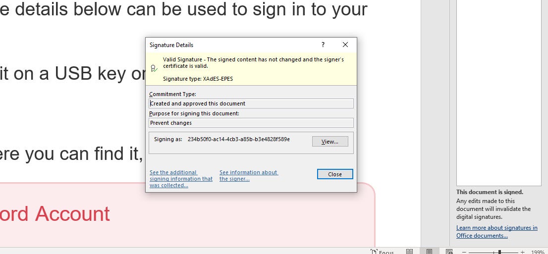 Microsoft Word's digital signature details.