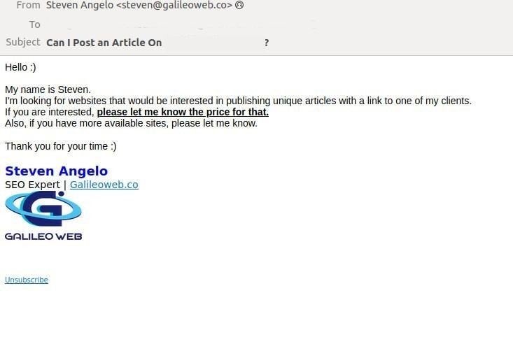 Sample email from an attacker pretending to be interested in paying for web visibility.