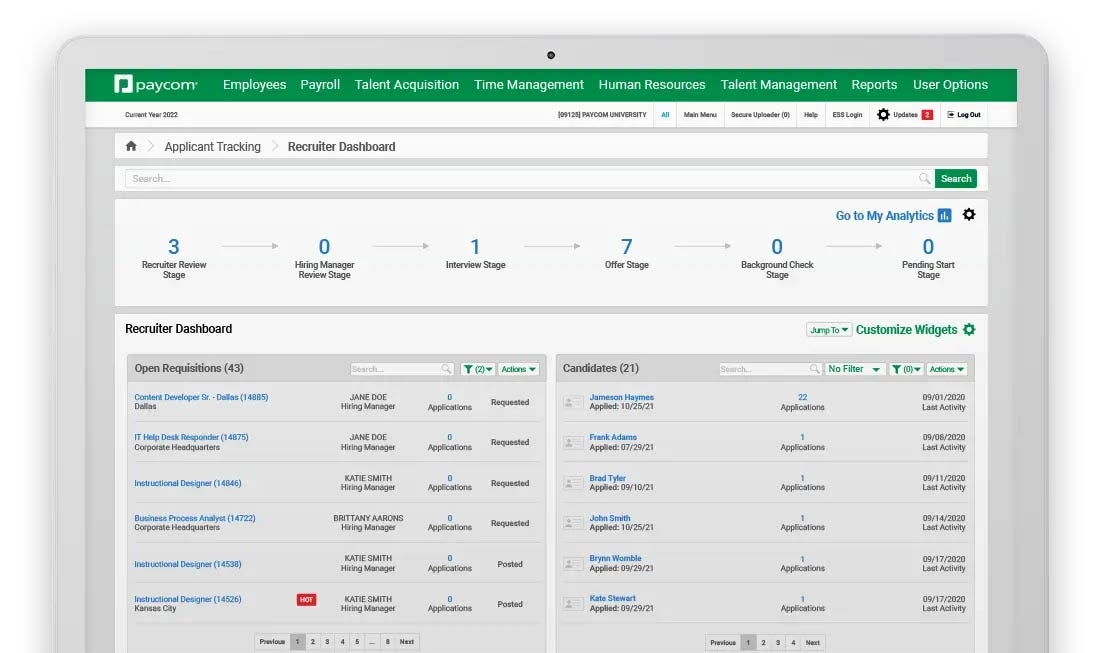 Paycom’s applicant tracking and recruiter dashboard.