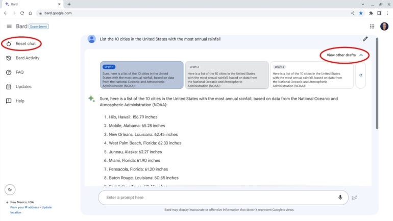 View other drafts to access alternatively formatted responses, which sometimes display data in a table rather than a list format. In some cases, selecting Reset Chat and trying your prompt again may return a response in the format you want.