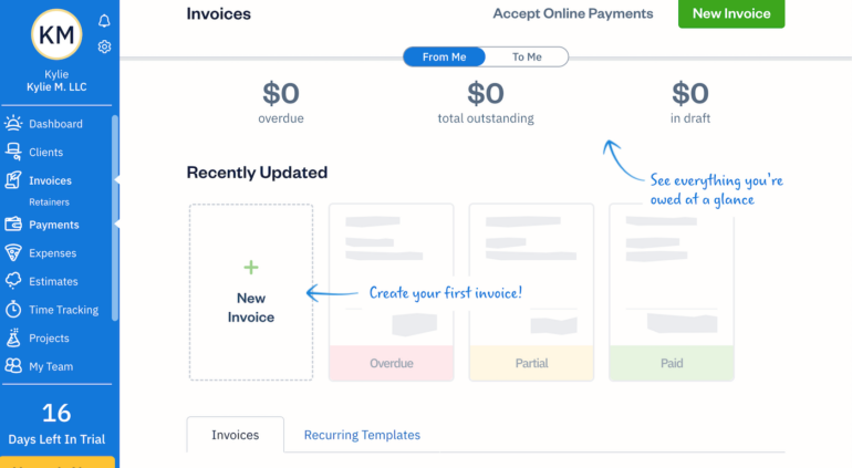 From FreshBooks' invoicing dashboard, you can create a new invoice, set a recurring invoice template, quickly check on overdue invoices and send late-payment reminders.