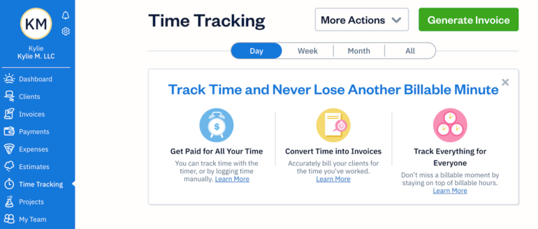 From their FreshBooks dashboard, users can track time with the software's built-in timer or enter time manually, then create an invoice that directly integrates with time-tracking data.