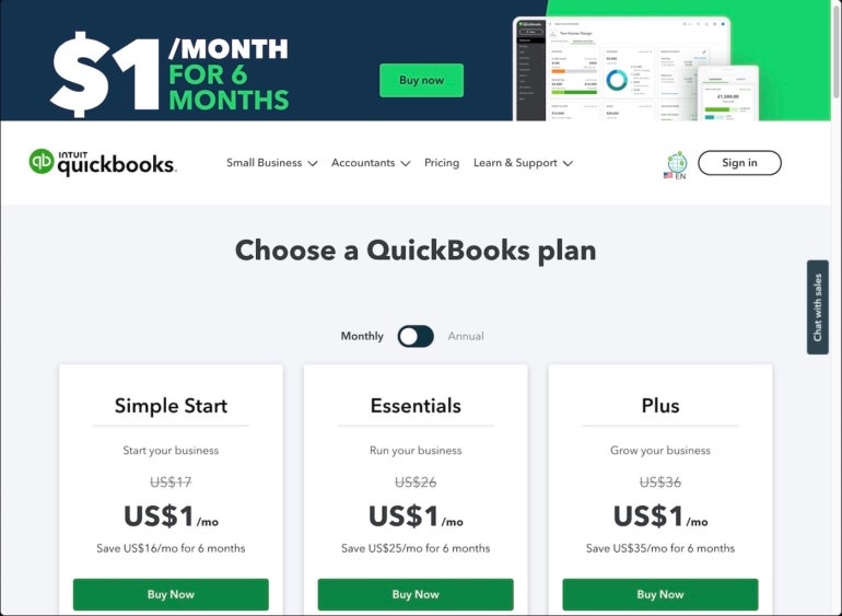 QuickBooks globális árképzési oldal.