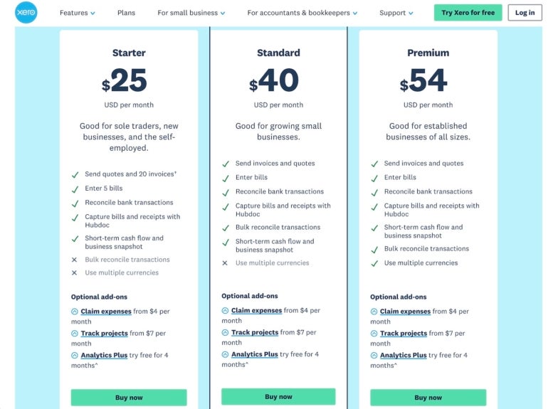 Xero Global pricing page.