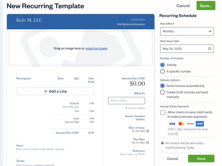 FreshBooks' invoices are supremely easy to create, customize and send to clients. Users can set up a recurring invoice schedule, accept online payments and create their own custom templates.