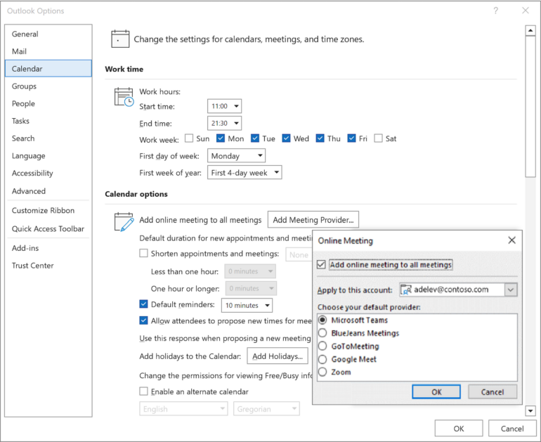 If you use multiple meeting services that integrate with Outlook, you can choose which will automatically be used for new meetings.