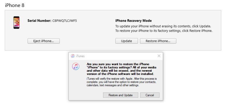 A screenshot of the iPhone recovery page asking to confirm the restore.