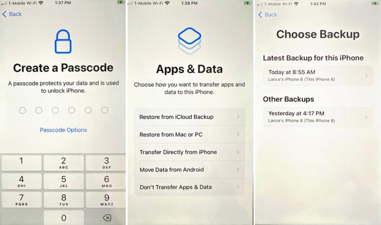 Three screenshots side by side of the 'Create a Passcode' page, Apps & Data restore options, and backup options.