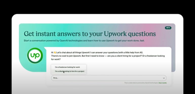 This image shows the AI natural language interface of Upwork Chat. Image: Upwork
