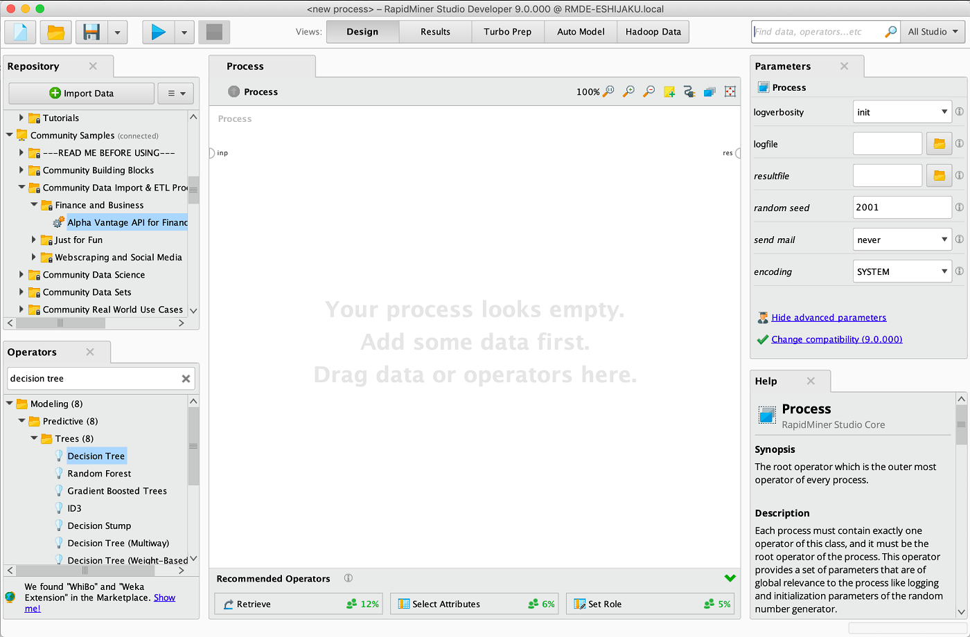 Screenshot of RapidMiner drag and drop design view.