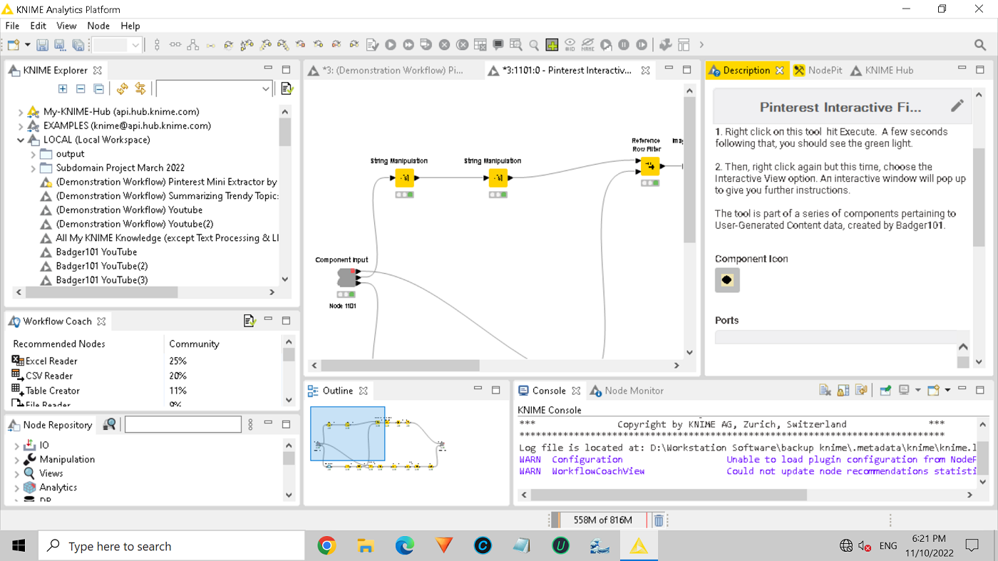 Screenshot of KNIME analytics platform workflow editor view.