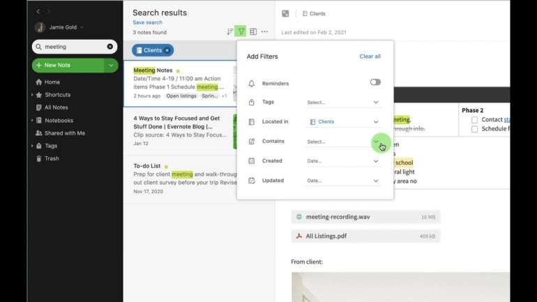 Evernote also offers a very powerful advanced search feature that lets you search according to 14 different operators, so you can find basically anything even if you have thousands of note.