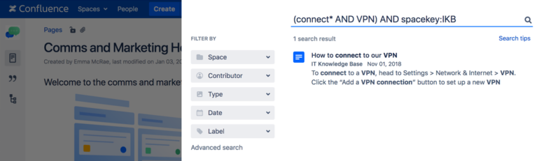 Confluence also offers an advanced search function.