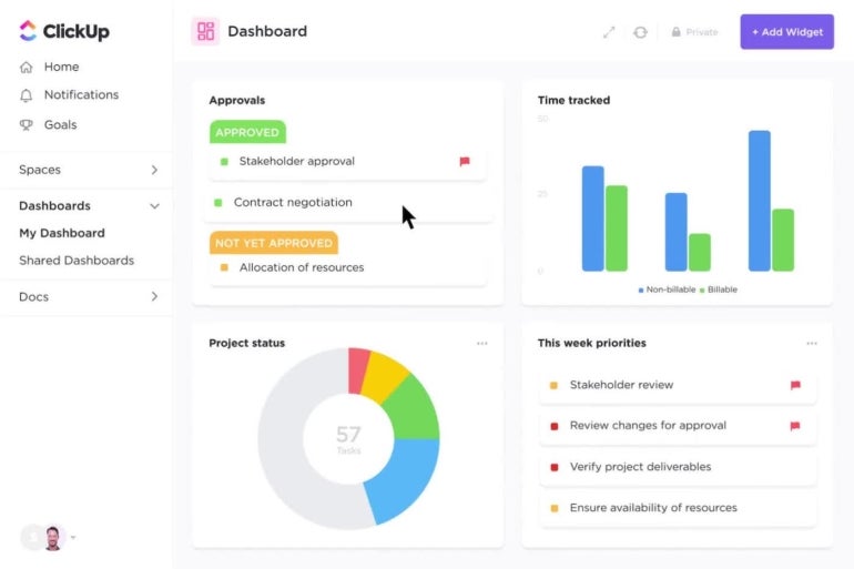 ClickUp sample project management dashboard.
