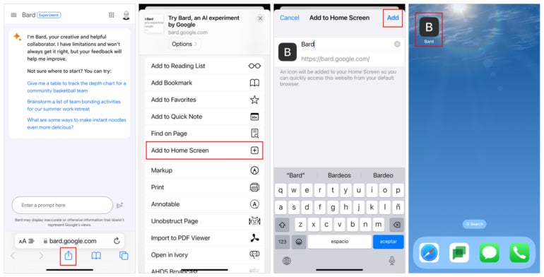 Use Safari to add a home screen link to Bard on iPhone or iPad.