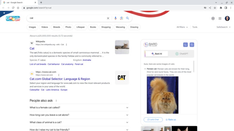 Bard for Google not only displays a prompt response but also offers a ChatGPT response option, as shown here in the inset to the right of Google search results. In both cases, you may need to sign in to an active account with each respective service before the extension can display a response.