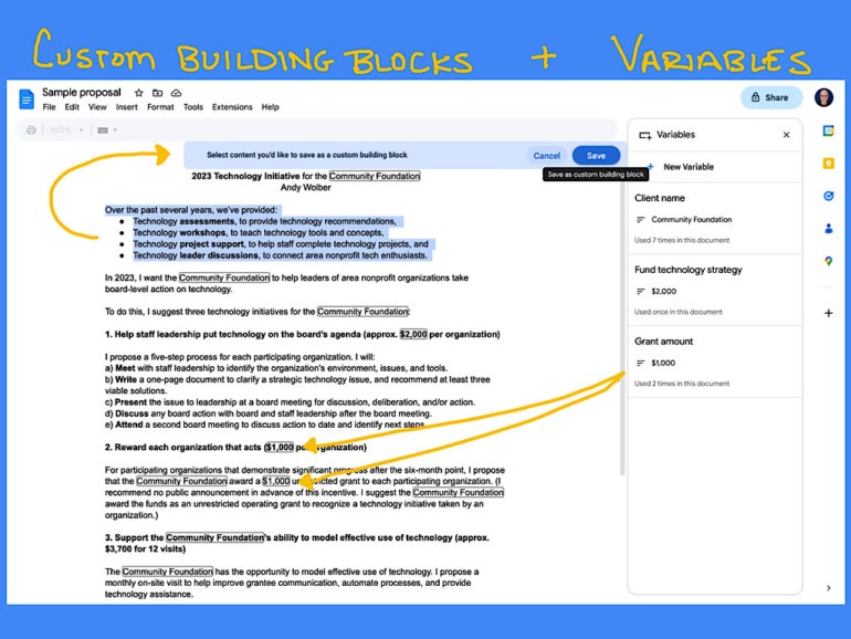 Custom building blocks and variables in Google Docs.