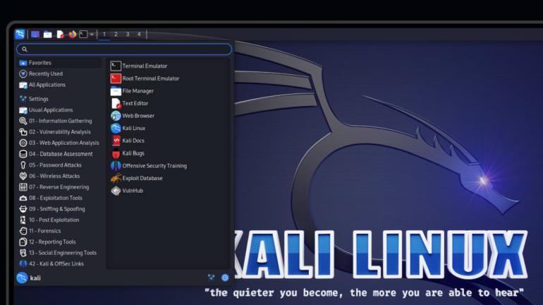 Kali Linux dashboard.