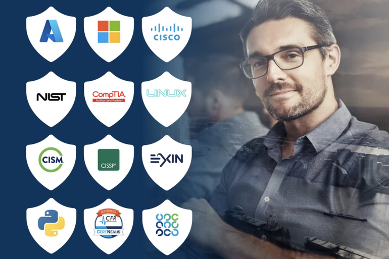 The logos of the certifications in the Cyber Security Developer & IT Skills Bundle.