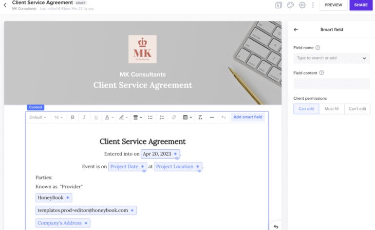 Image: Drafting of an online contract in Honeybook.