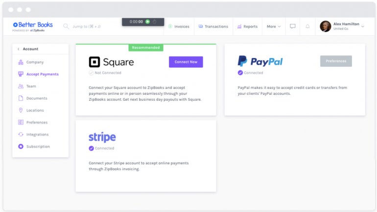 ZipBooks integrates with a few payment apps.
