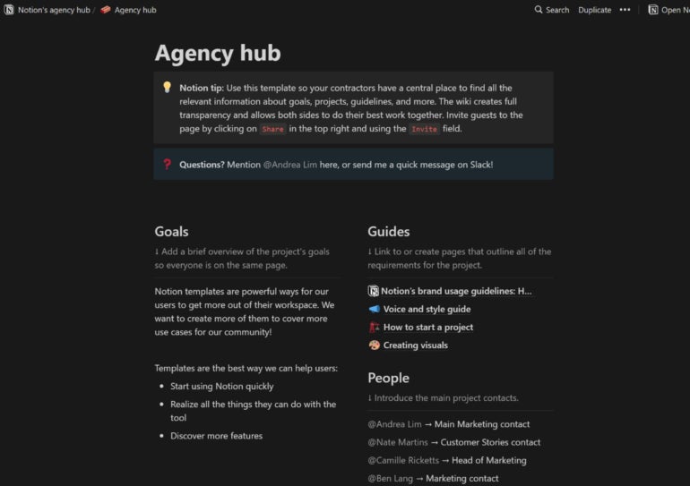 One of the agency management templates in Notion.