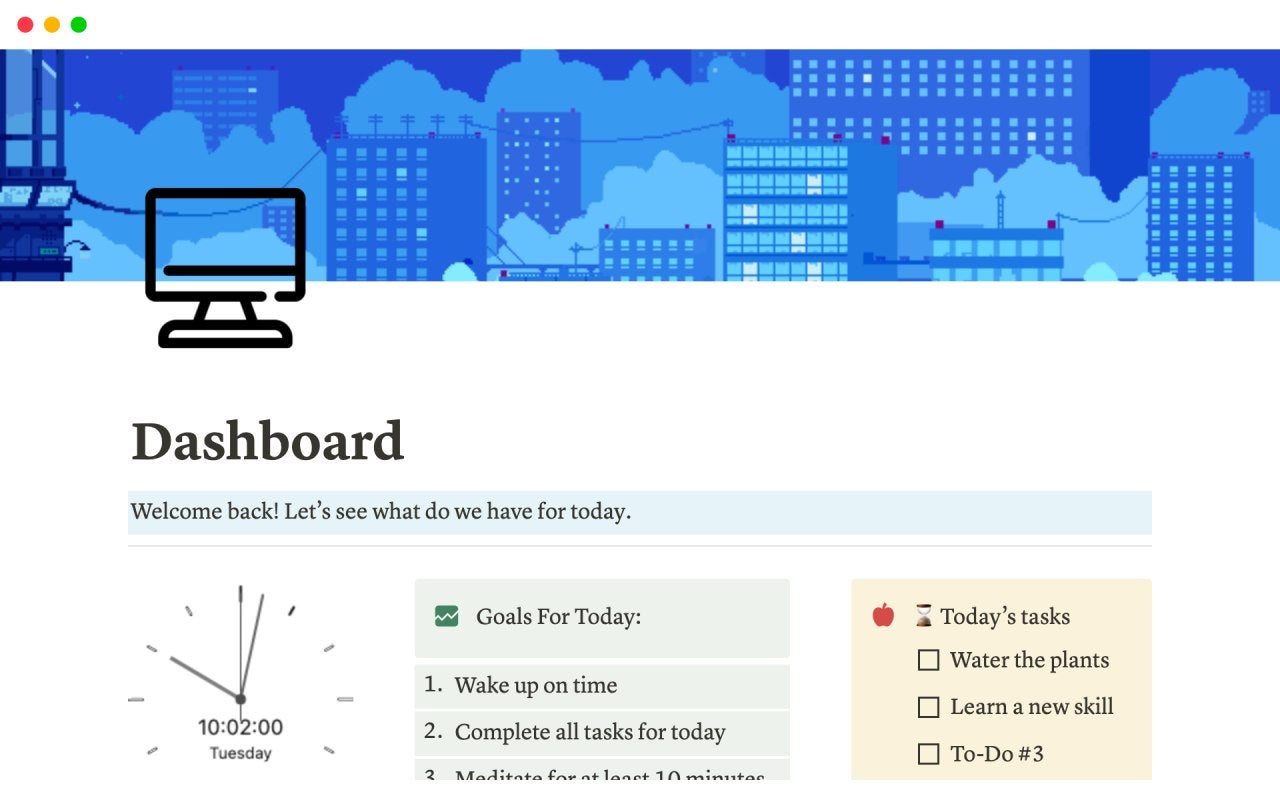 Notion dashboard showing user's goals and their to-do list for the day.