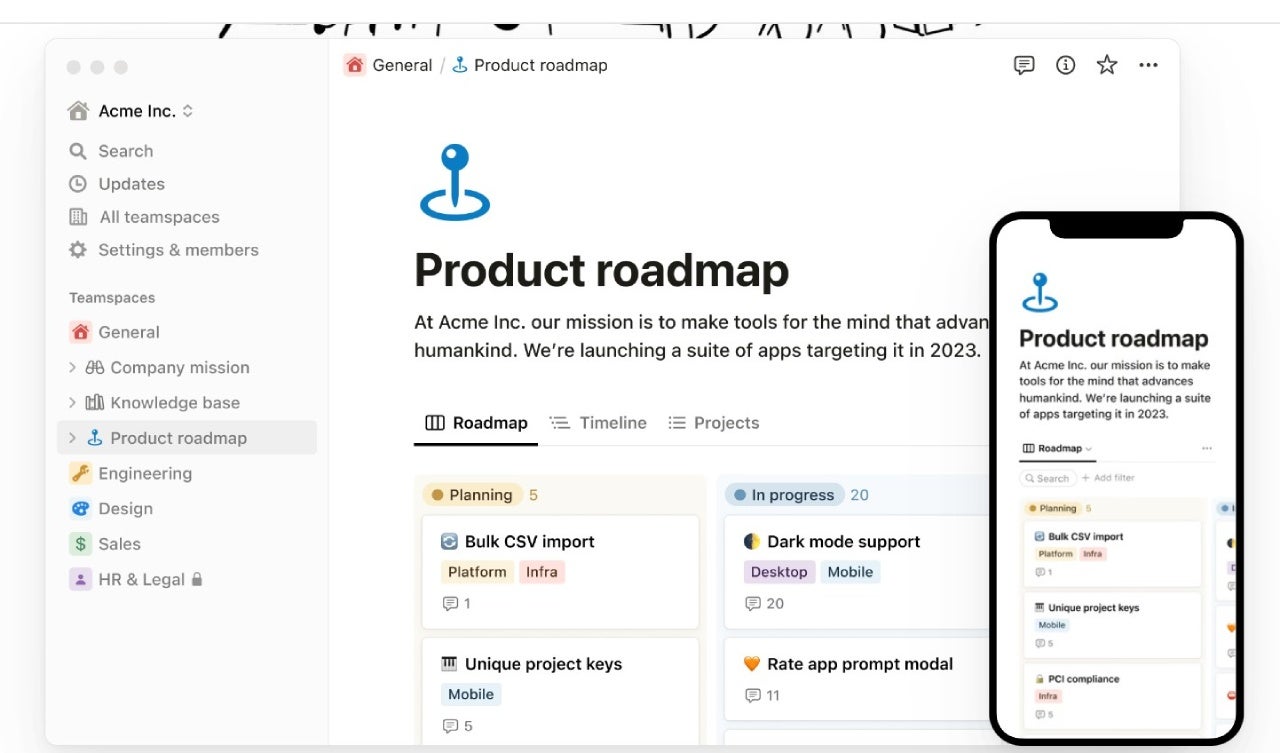 Notion's product roadmap dashboard.