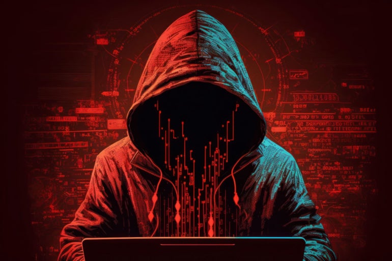AI generated image of a hacker in front of a laptop.