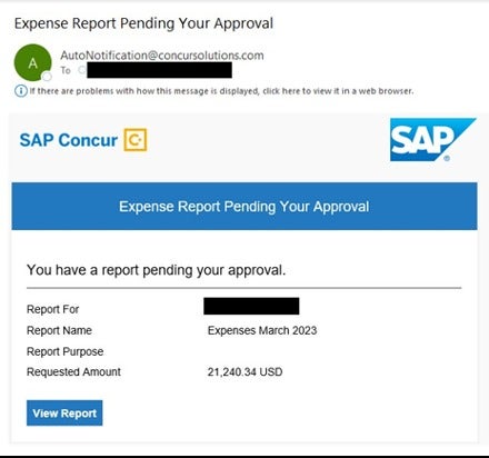 Screenshot of a phishing example impersonating SAP Concur.